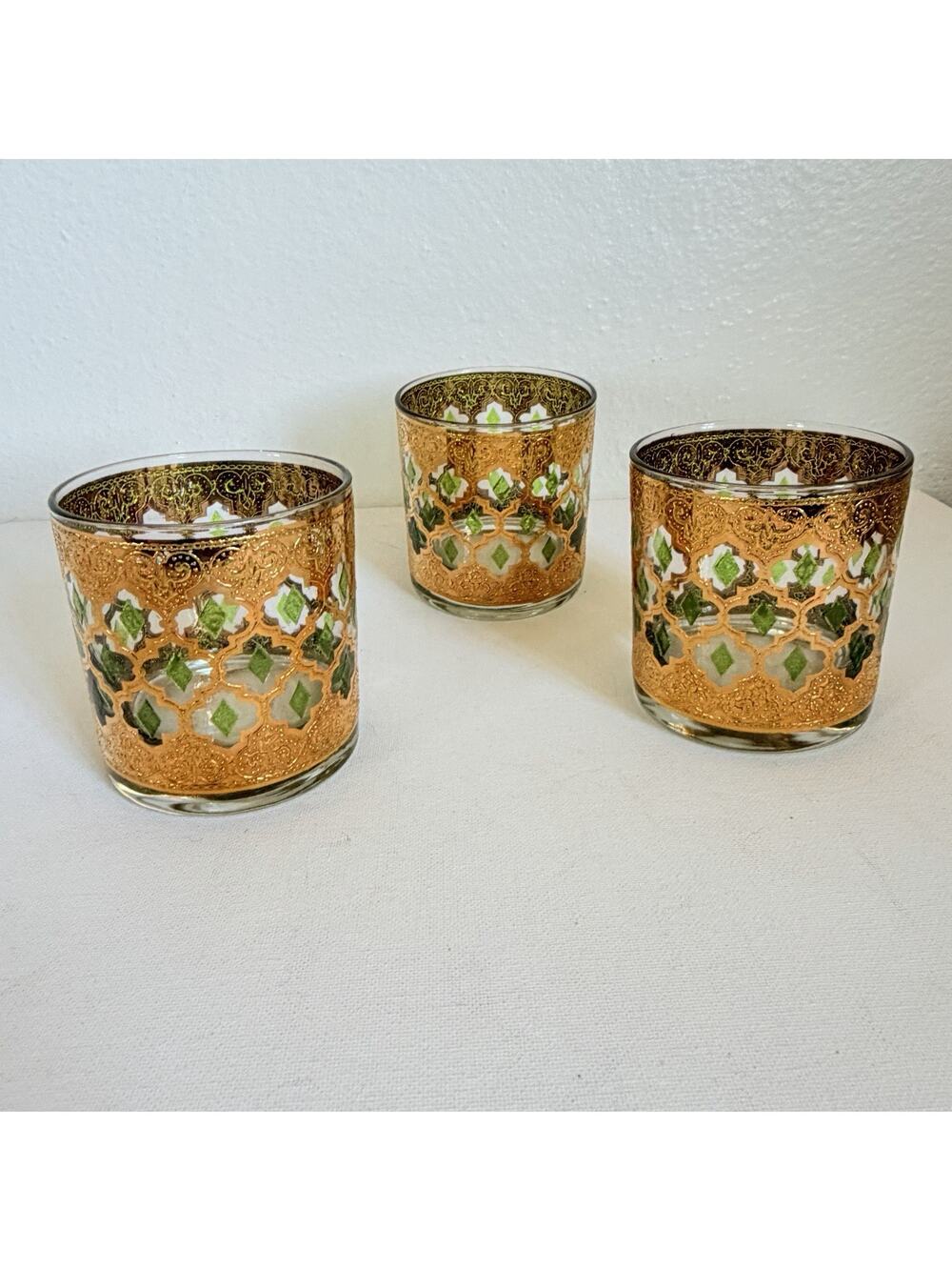 Vintage Culver Valencia Double Old Fashioned Glasses Set 3 22K Gold Barware